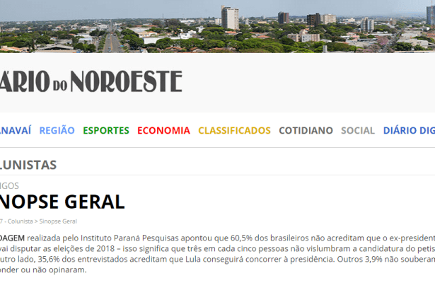 Diário do Noroeste cita em matéria pesquisa realizada pela Paraná Pesquisas sobre o ex-presidente Lula