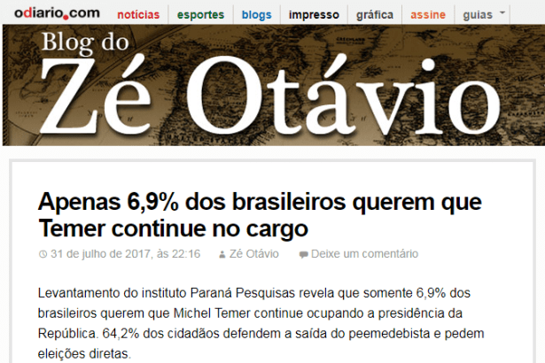 Blog do Zé Otávio divulga pesquisa nacional realizada pela Paraná Pesquisas sobre o Presidente Michel Temer
