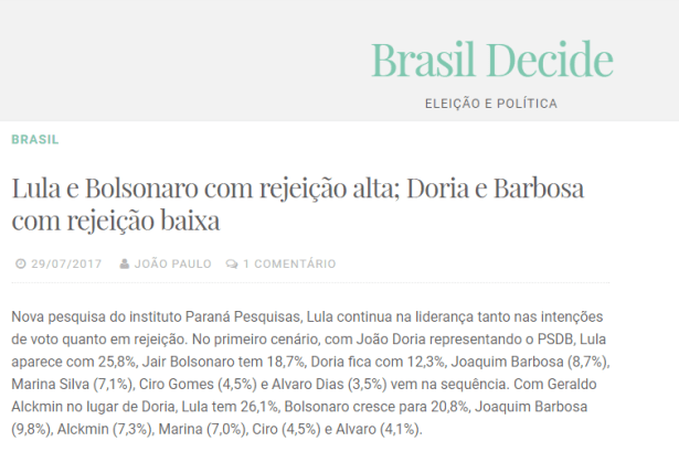 Portal Brasil Decide divulga pesquisa nacional sobre a sucessão e rejeição dos candidatos a Presidente da República