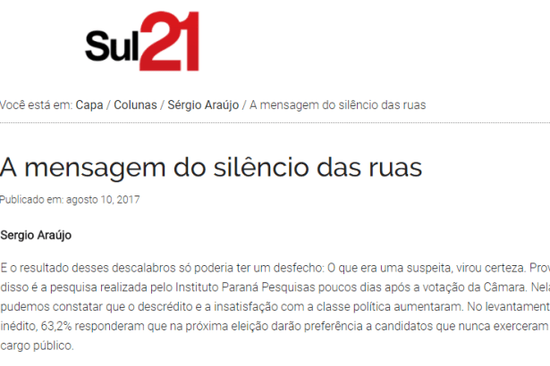 Jornal Sul 21 cita pesquisa realizada pela Paraná Pesquisas sobre a descrença dos brasileiros nos Deputados