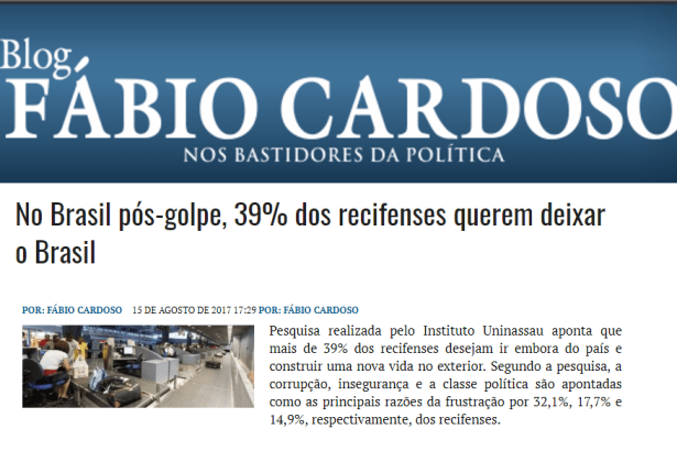 Blog do Fábio Cardoso cita pesquisa realizada pela Paraná Pesquisas sobre os brasileiros emigrar para outro país