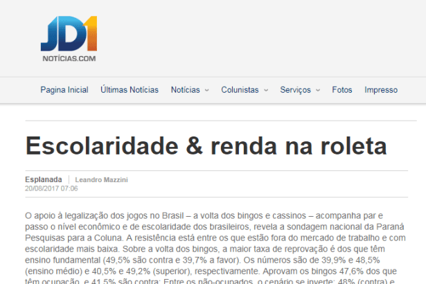 JD1 Notícias divulga pesquisa nacional realizado pela Paraná Pequisas sobre a legalização dos jogos com a volta de bingos e cassinos