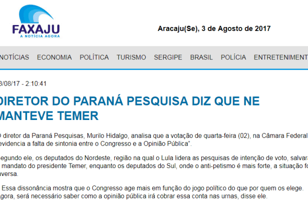 Portal faxaju divulga opinião do Diretor Murilo Hidalgo do Instituto Paraná Pesquisas sobre a votação do Presidente Temer