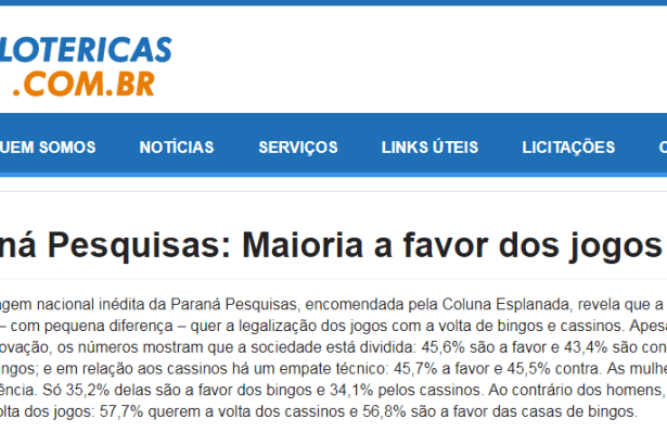 Portal Lotericas.com.br divulga pesquisa nacional realizado pela Paraná Pequisas sobre a legalização dos jogos com a volta de bingos e cassinos
