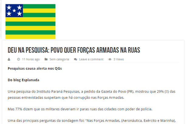 Goiás Notícias divulga pesquisa nacional realizado pela Paraná Pesquisas com a opinião dos brasileiros sobre as Forças Armadas