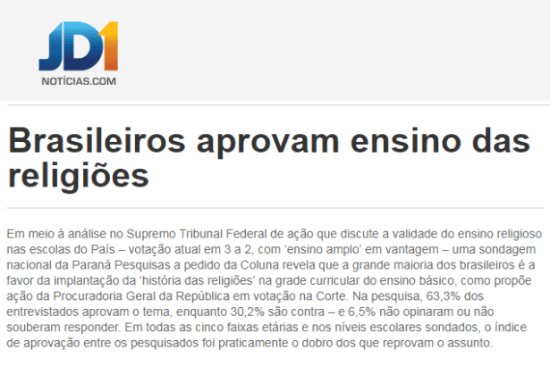 Portal JD1 Notícias.com divulga pesquisa nacional realizado pela Paraná Pesquisas sobre a implantação da história das religiões nas escolas