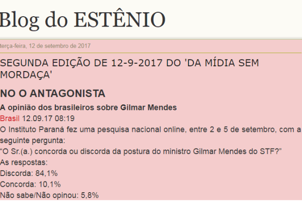 Blog do Estênio divulga pesquisa nacional realizada pela Paraná Pesquisas sobre o Ministro Gilmar Mendes do STF