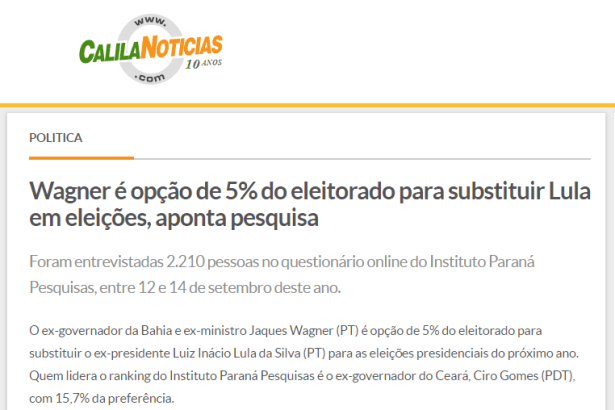 Calila Notícias divulga pesquisa nacional realizado pela Paraná Pesquisas sobre quem poderia substituir Lula caso não possa se candidatar