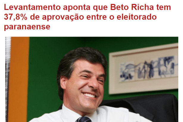 Portal CBN Cascavel divulga pesquisa realizado no Estado do Paraná sobre a popularidade do Governador Beto Richa