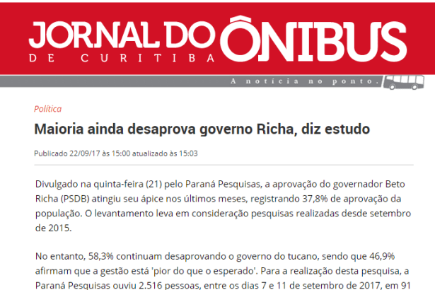 Jornal do Ônibus de Curitiba divulga pesquisa realizado no Estado do Paraná sobre a popularidade do Governador Beto Richa