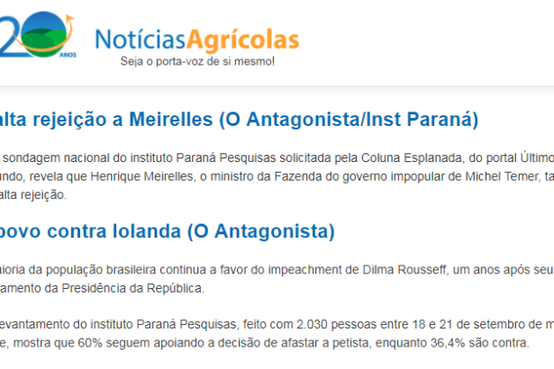 Portal Notícias Agrícolas cita pesquisa realizado pela Paraná Pesquisas