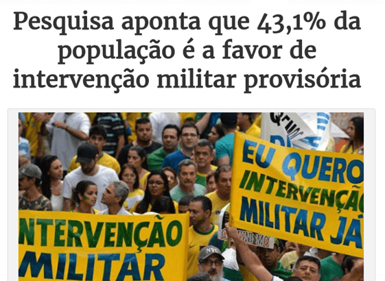 Brumado Acontece divulga pesquisa nacional realizado pela Paraná Pesquisas sobre uma intervenção militar provisória no Brasil