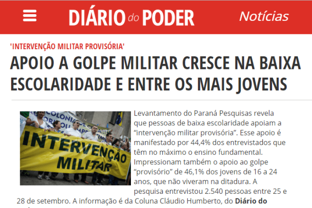 Cláudio Humberto - Diário do Poder divulga pesquisa nacional realizado pela Paraná Pesquisas sobre uma intervenção militar provisória no Brasil