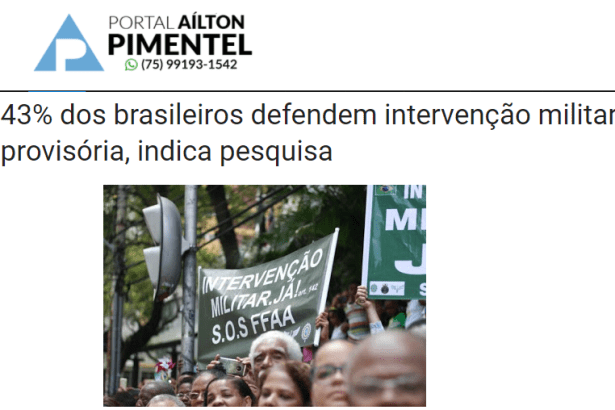 Portal Aílton Pimentel divulga pesquisa nacional realizado pela Paraná Pesquisas sobre uma intervenção militar provisória no Brasil