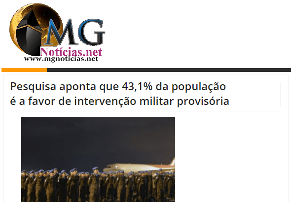 MG Notícias divulga pesquisa nacional realizado pela Paraná Pesquisas sobre uma intervenção militar provisória no Brasil