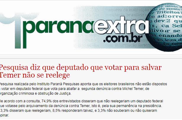 Portal Paraná Extra divulga pesquisa nacional realizado pela Paraná Pesquisas sobre o Presidente Michel Temer