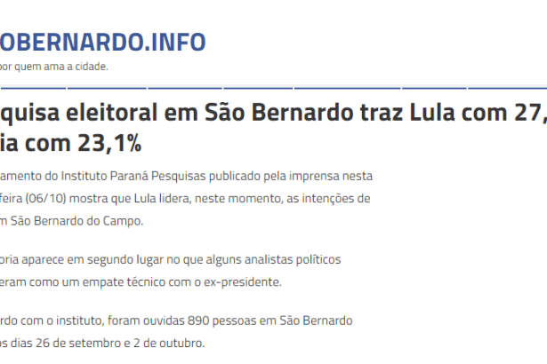 Portal São Bernardo do Campo divulga pesquisa realizado pela Paraná Pesquisas sobre a disputa eleitoral para Presidente do Brasil