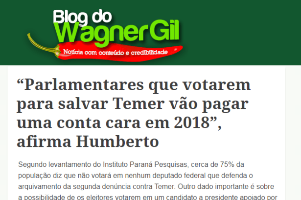 Blog do Wagner Gil divulga pesquisa nacional realizado pela Paraná Pesquisas sobre o Presidente Michel Temer