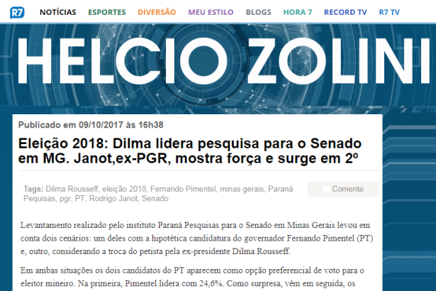 Notícias R7 - Blog Helcio Zolini divulga pesquisa realizada no Estado de Minas Gerais sobre a disputa eleitoral para o Senado