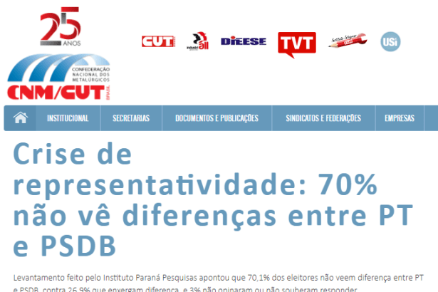 Portal CNM/CUT divulga pesquisa realizado pela Paraná Pesquisas com a opinião dos brasileiros sobre a diferença entre PT e PSDB