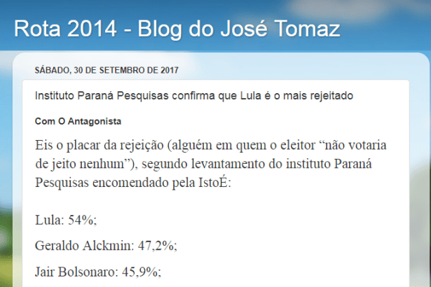 Rota 2014 - Blog do José Tomaz divulga pesquisa nacional com a opinião dos brasileiros sobre a rejeição dos candidatos a Presidente do Brasil