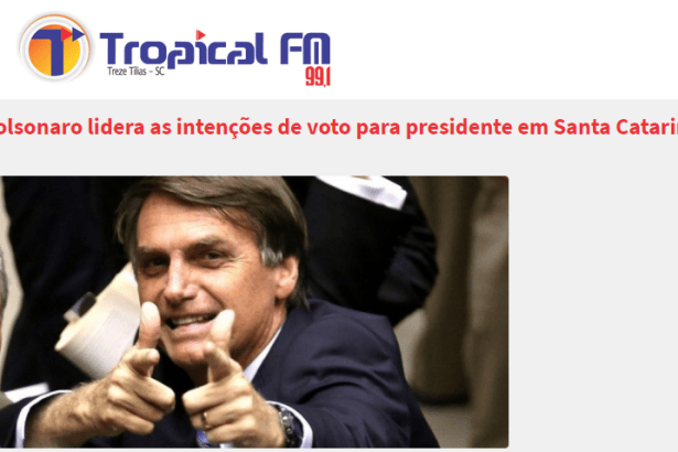 Rádio Tropical FM divulga pesquisa realizada no Estado de Santa Catarina sobre a disputa eleitoral para Presidente do Brasil