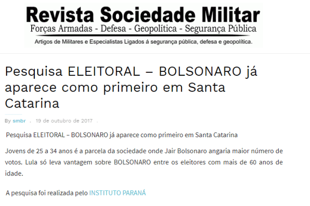 Revista Sociedade Militar divulga pesquisa realizada no Estado de Santa Catarina sobre a disputa eleitoral para Presidente do Brasil