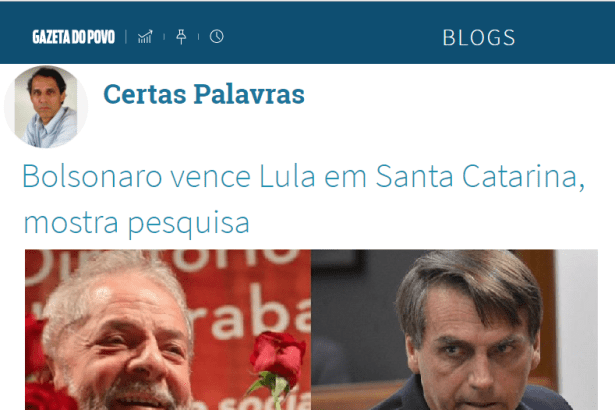 Gazeta do Povo - Blog Certas Palavras divulga pesquisa realizada no Estado de Santa Catarina sobre a disputa eleitoral para Presidente do Brasil