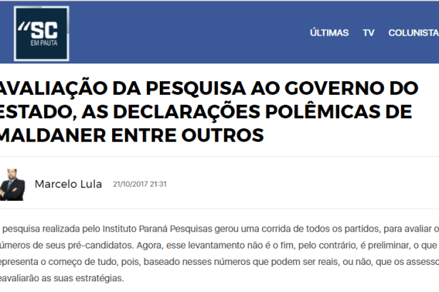 Portal SC Em Pauta cita pesquisa realizado em Santa Catarina pela Paraná Pesquisas