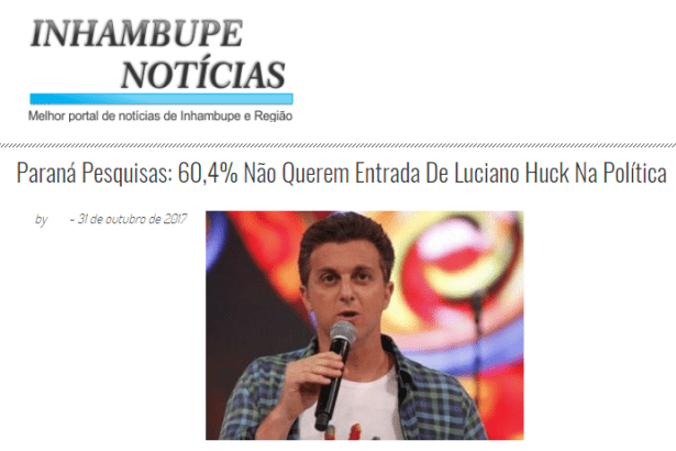 Inhambupe Notícias divulga pesquisa nacional sobre uma possível candidatura do apresentador Luciano Huck