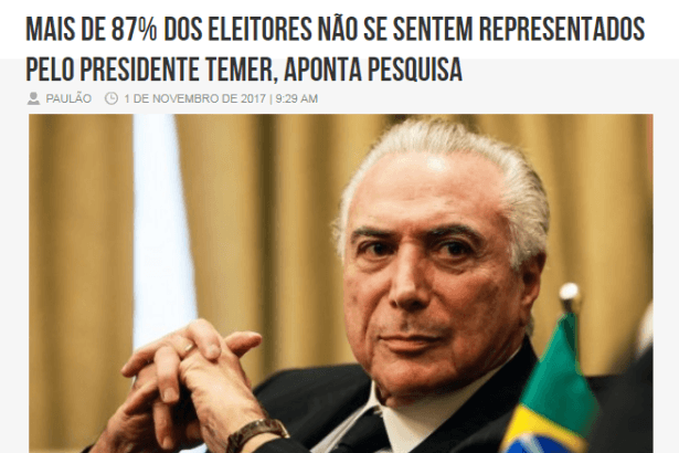 Caldeirão do Paulão divulga pesquisa nacional sobre o quanto os brasileiros se sentem representados pelo Presidente Michel Temer