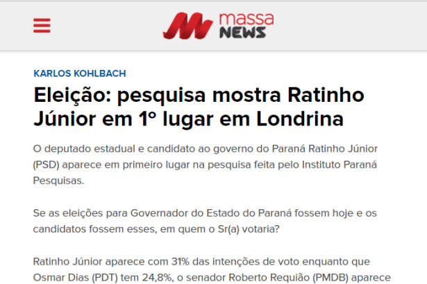 Massa News divulga pesquisa realizada no município de Londrina-PR sobre a disputa eleitoral para Governador do Estado