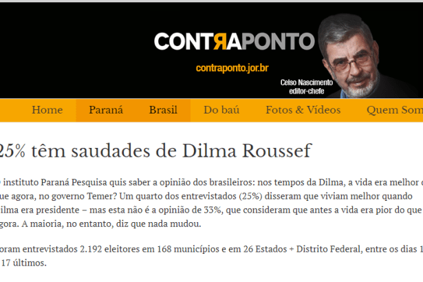 Portal Contra Ponto divulga pesquisa nacional realizado pela Paraná Pesquisas sobre os Governos Dilma e Temer