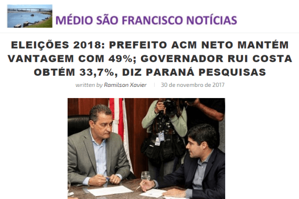 Médio São Francisco Notícias divulga pesquisa realizada no Estado da Bahia sobre a disputa eleitoral para Governador do Estado