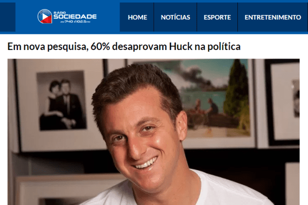 Rádio Sociedade Online divulga pesquisa nacional sobre uma possível candidatura do apresentador Luciano Huck