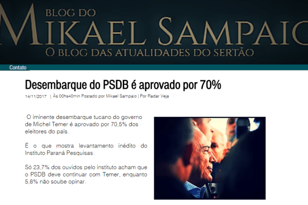 Blog Mikael Sampaio divulga pesquisa nacional realizada pela Paraná Pesquisas sobre avaliação da participação do PSDB no Governo