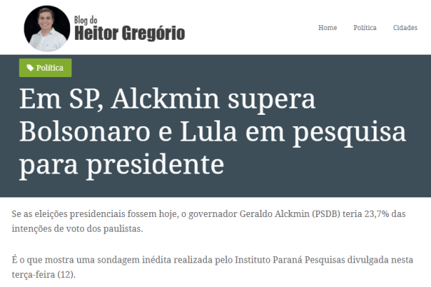 Blog do Heitor Gregório divulga pesquisa realizada no Estado de São Paulo sobre a disputa eleitoral para Presidente do Brasil