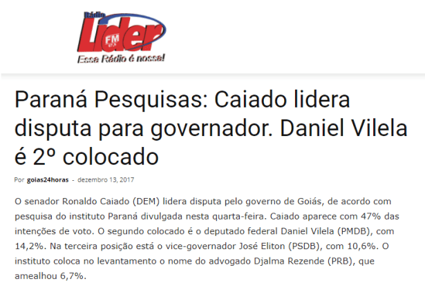 Rádio Líder FM divulga pesquisa realizada no Estado de Goiás sobre a disputa eleitoral para Governador
