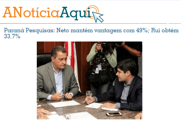 A Notícia Aqui divulga pesquisa realizada no Estado da Bahia sobre a disputa eleitoral para Governador do Estado