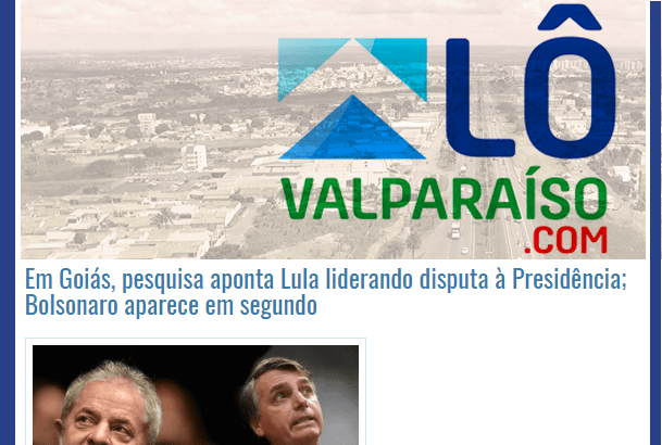 Alo Valparaíso divulga pesquisa realizada no Estado de Goiás sobre a disputa eleitoral para Presidente do Brasil