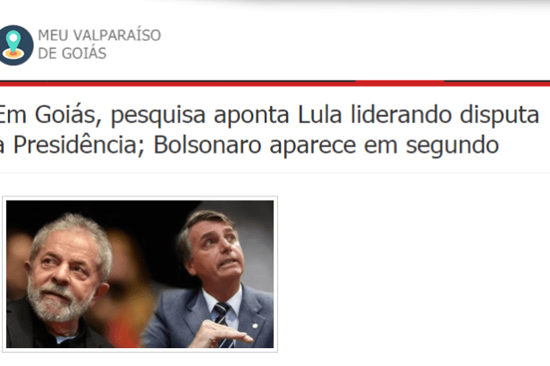 Meu Valparaíso de Goiás divulga pesquisa realizada no Estado de Goiás sobre a disputa eleitoral para Presidente do Brasil