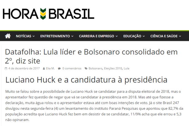 Hora Brasil divulga pesquisa Nacional sobre a desistência do Luciano Huck ao cargo de Presidente