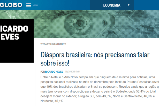O Globo - Blog Ricardo Neves cita pesquisa realizada pela Paraná Pesquisas com a opinião dos brasileiros sobre morar em outro país