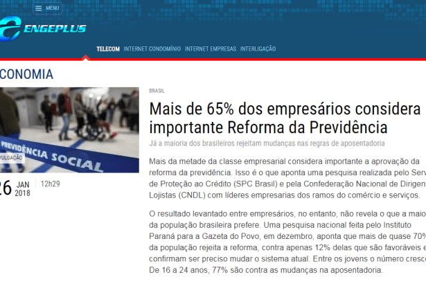 Portal Engeplus cita pesquisa realizado pela Paraná Pesquisas com a opinião dos brasileiros sobre a reforma da Previdência