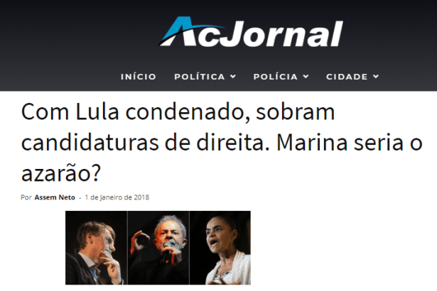 Portal AC Jornal divulga pesquisa realizada pela Paraná Pesquisas sobre o posicionamento político dos brasileiros