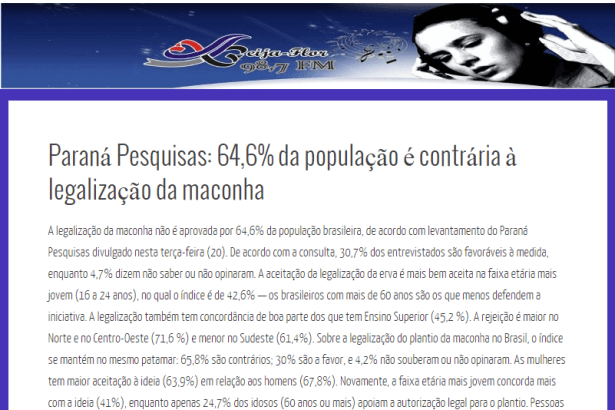 Portal Rádio Beija Flor divulga pesquisa nacional realizado pela Paraná Pesquisas sobre a legalização da maconha no Brasil