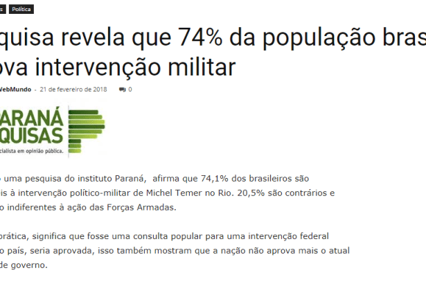 Portal G Mundo News divulga pesquisa nacional realizado pela Paraná Pesquisas sobre a Intervenção Militar no Rio de Janeiro