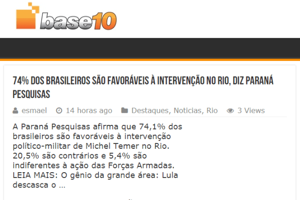 Portal Base 10 divulga pesquisa nacional realizado pela Paraná Pesquisas sobre a Intervenção Militar no Rio de Janeiro
