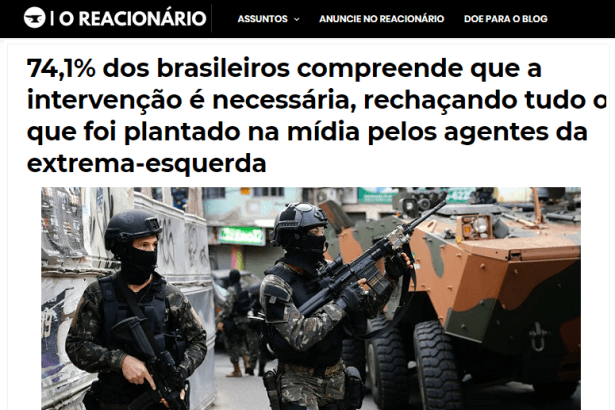 Blog O Reacionário divulga pesquisa nacional realizado pela Paraná Pesquisas sobre a Intervenção Militar no Rio de Janeiro
