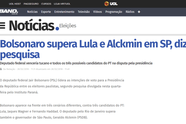 Jornal da Band divulga pesquisa realizada no Estado de São Paulo sobre a disputa eleitoral para Presidente do Brasil